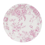 25 - Pack Paper 9" Round Dinner Plates in White with Matte Pink French Toile Pattern - Disposable Floral Party Plates - Bell Racket Store