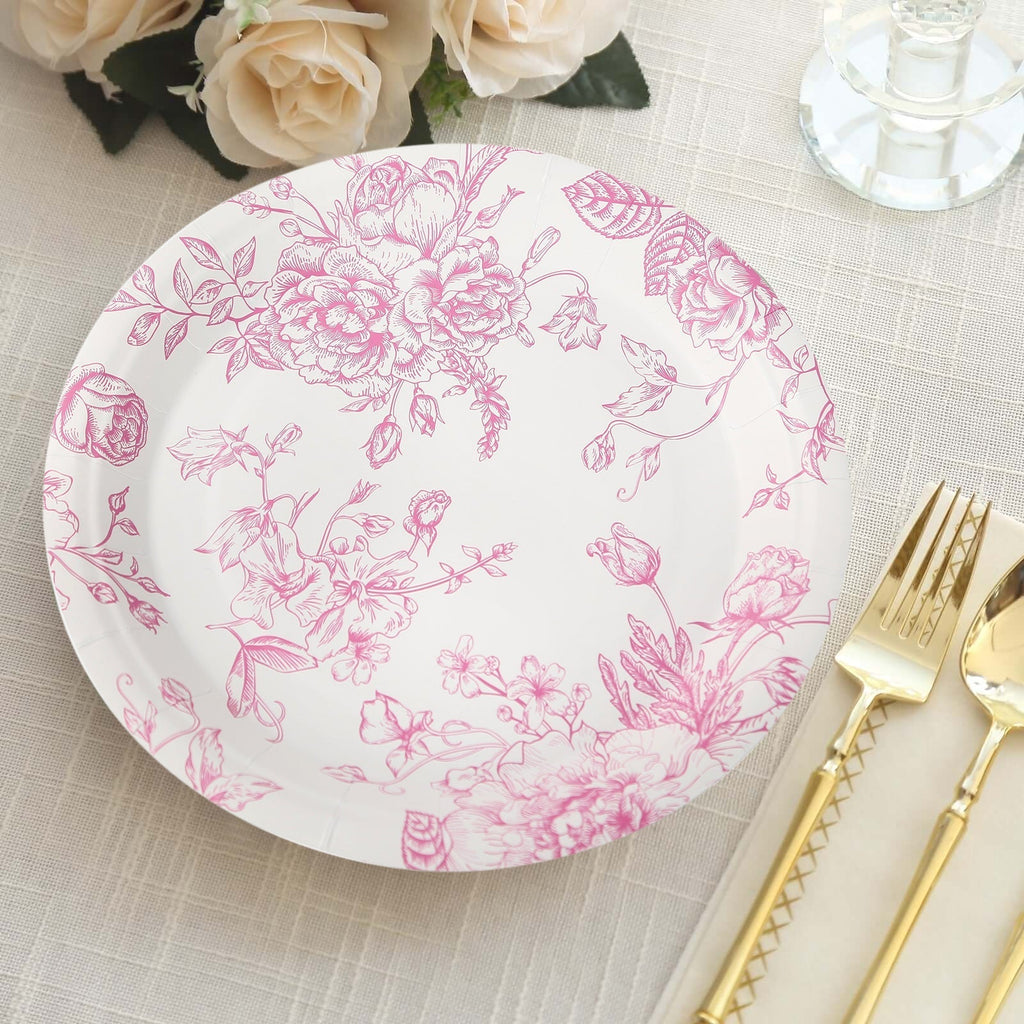 25 - Pack Paper 9" Round Dinner Plates in White with Matte Pink French Toile Pattern - Disposable Floral Party Plates - Bell Racket Store