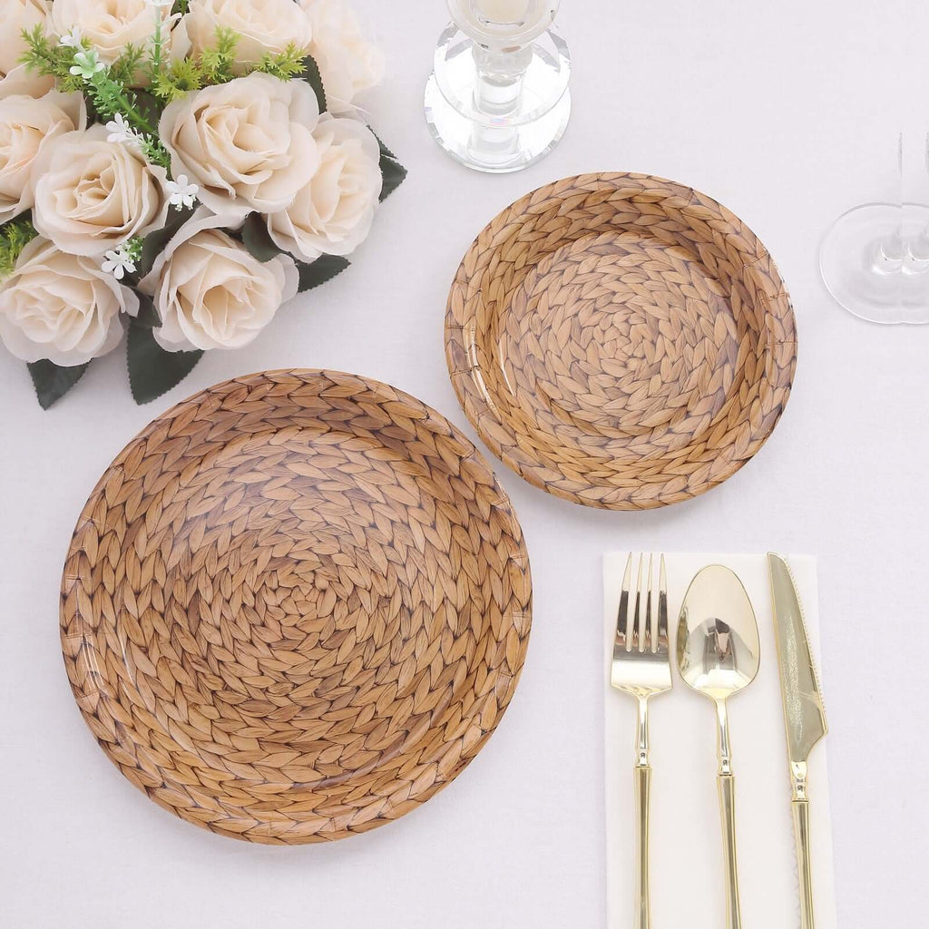 25 - Pack Paper 9" Round Dinner Plates Natural with Woven Rattan Print - Rustic Farmhouse Disposable 300GSM Party Plates for Country Chic Celebrations - Bell Racket Store