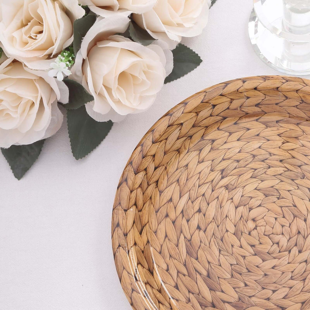 25 - Pack Paper 9" Round Dinner Plates Natural with Woven Rattan Print - Rustic Farmhouse Disposable 300GSM Party Plates for Country Chic Celebrations - Bell Racket Store