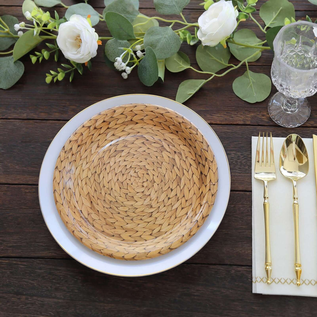 25 - Pack Paper 9" Round Dinner Plates Natural with Woven Rattan Print - Rustic Farmhouse Disposable 300GSM Party Plates for Country Chic Celebrations - Bell Racket Store