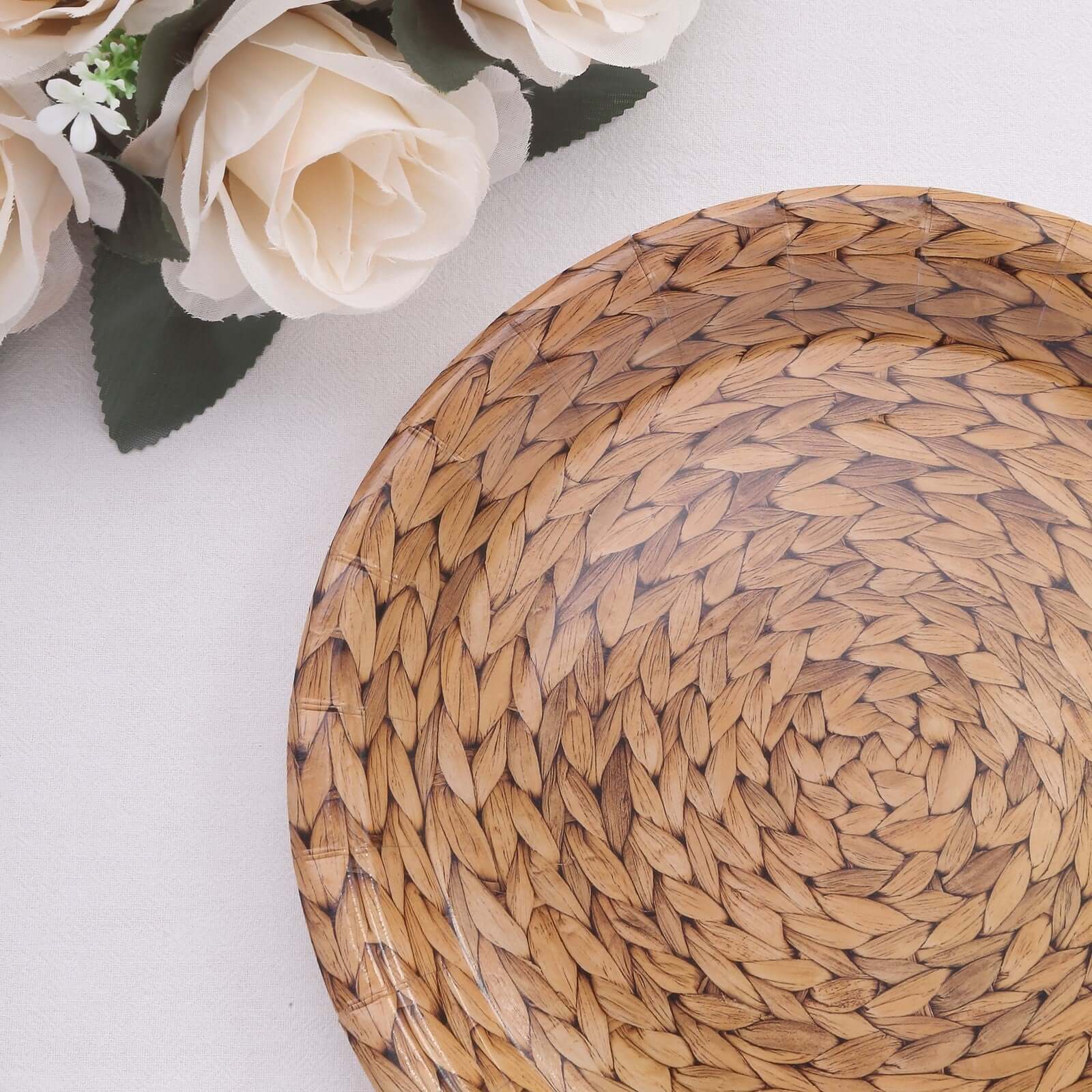 25 - Pack Paper 9" Round Dinner Plates Natural with Woven Rattan Print - Rustic Farmhouse Disposable 300GSM Party Plates for Country Chic Celebrations - Bell Racket Store