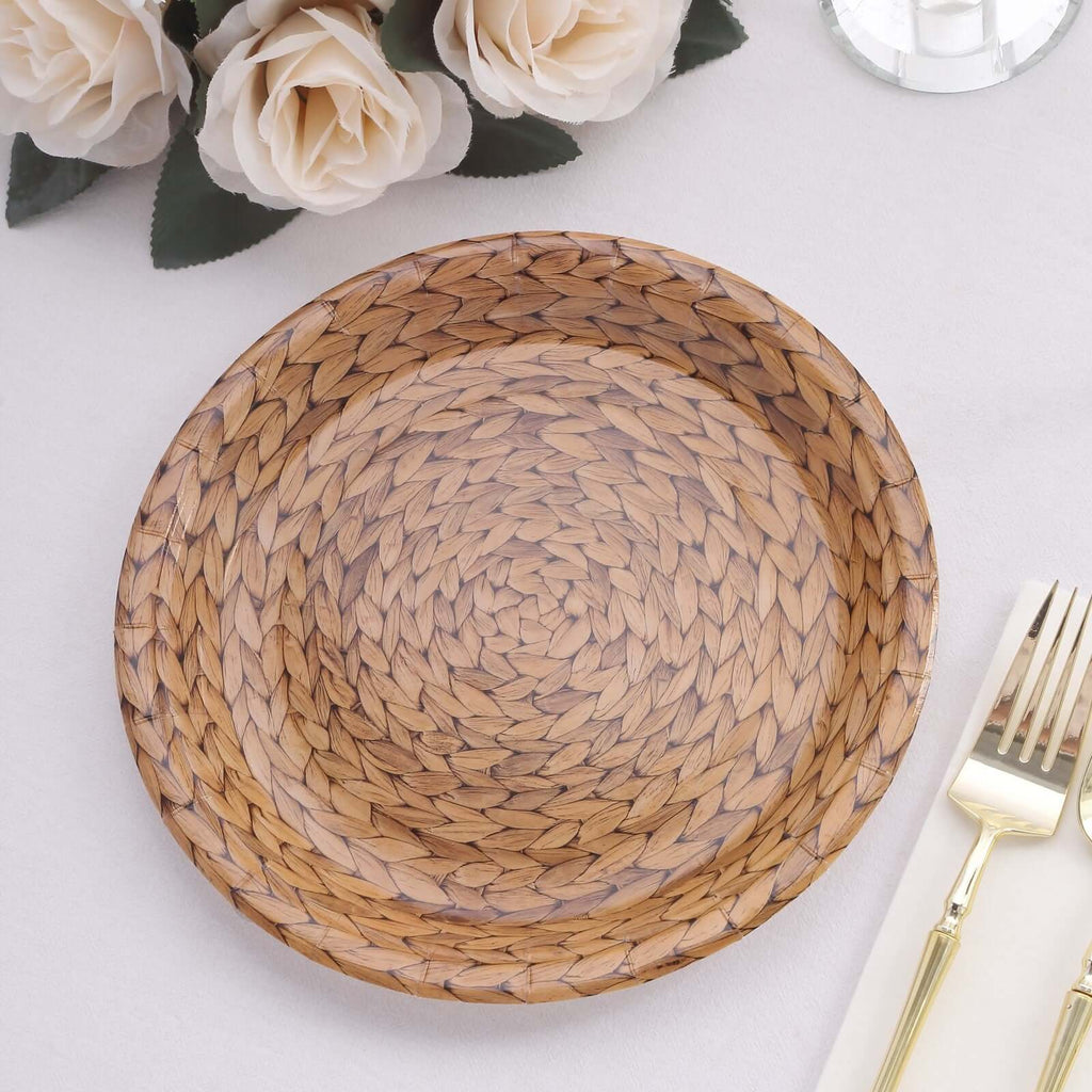 25 - Pack Paper 9" Round Dinner Plates Natural with Woven Rattan Print - Rustic Farmhouse Disposable 300GSM Party Plates for Country Chic Celebrations - Bell Racket Store