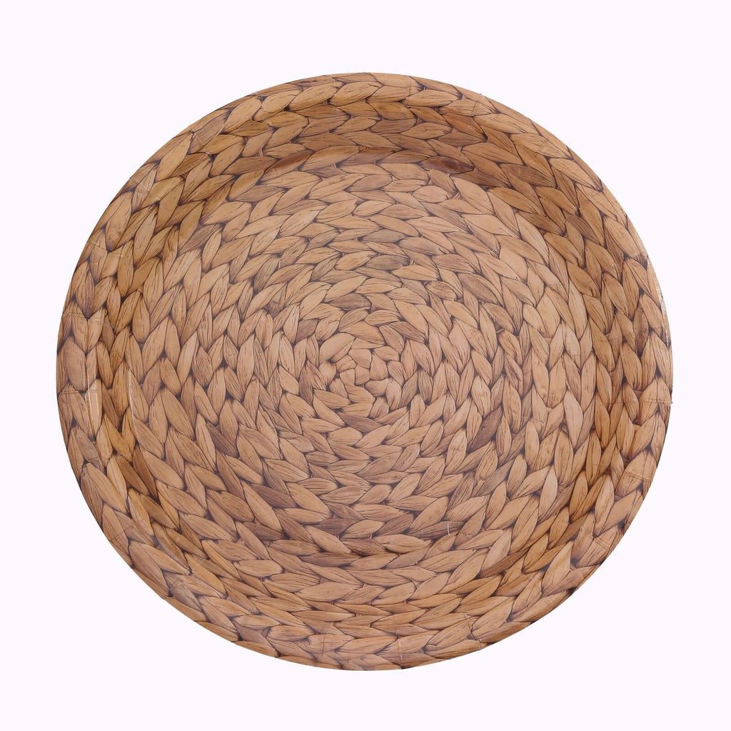 25 - Pack Paper 9" Round Dinner Plates Natural with Woven Rattan Print - Rustic Farmhouse Disposable 300GSM Party Plates for Country Chic Celebrations - Bell Racket Store