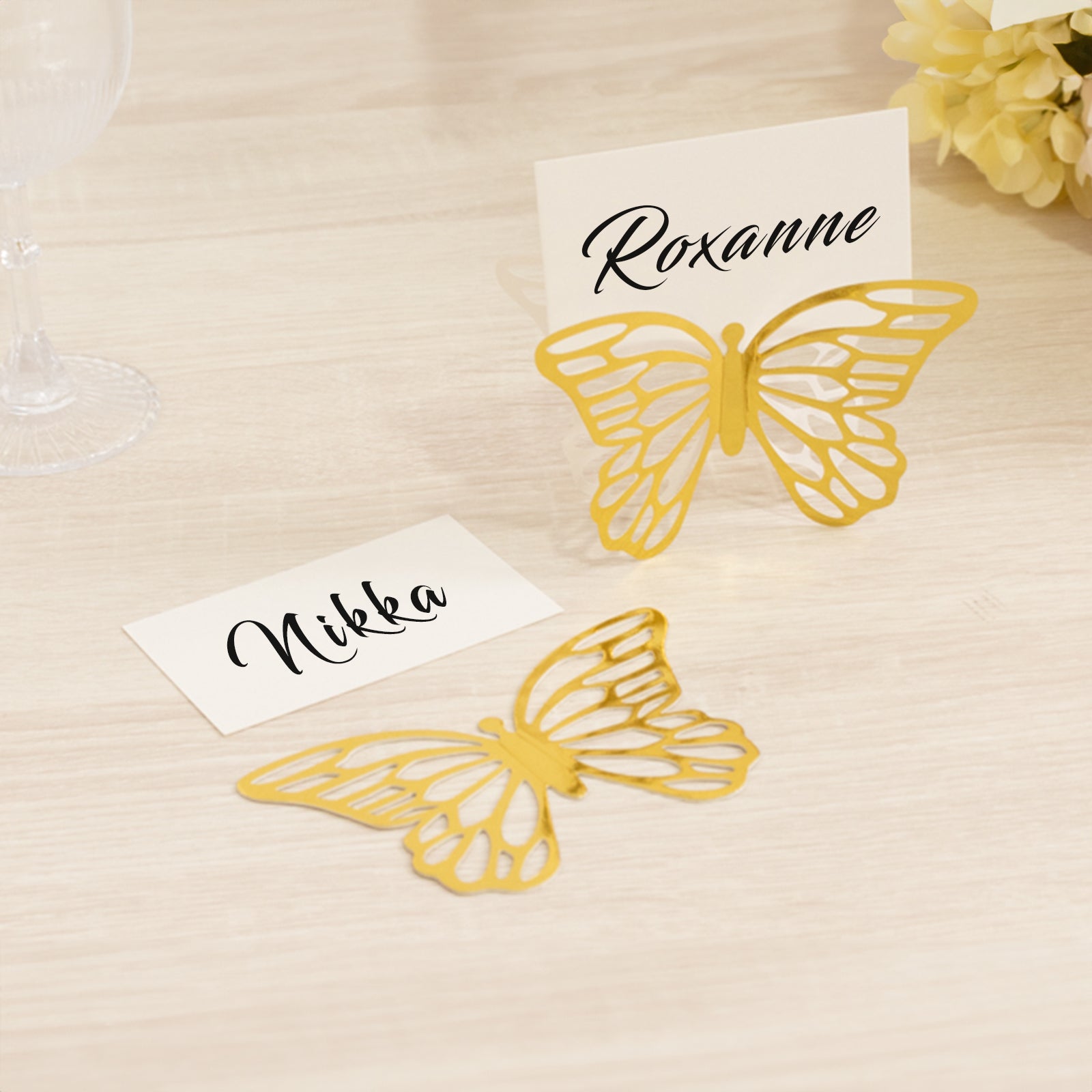 25 - Pack Paper Butterfly Place Card Holders Gold with White Printable Cards - 3D Free Standing Table Number Stands 3"x5" - Bell Racket Store