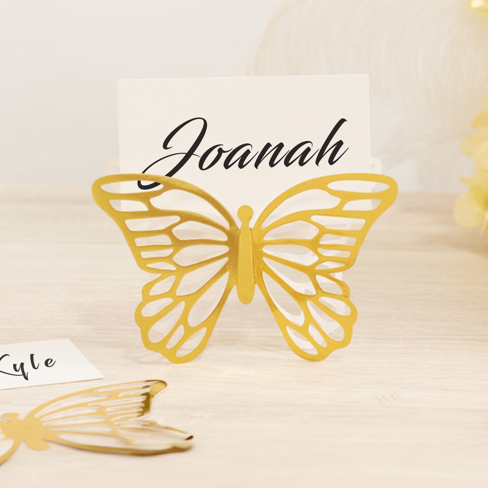 25 - Pack Paper Butterfly Place Card Holders Gold with White Printable Cards - 3D Free Standing Table Number Stands 3"x5" - Bell Racket Store