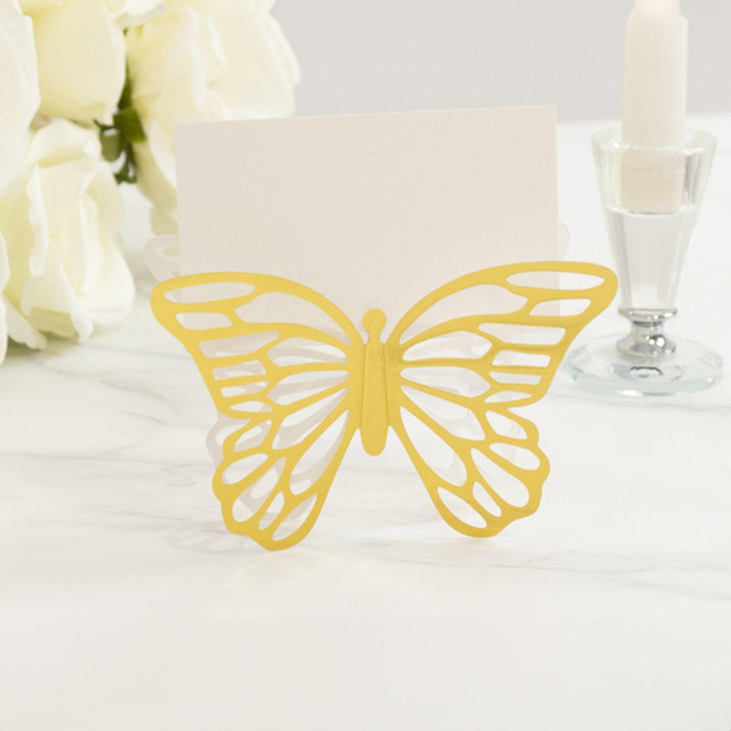 25 - Pack Paper Butterfly Place Card Holders Gold with White Printable Cards - 3D Free Standing Table Number Stands 3"x5" - Bell Racket Store