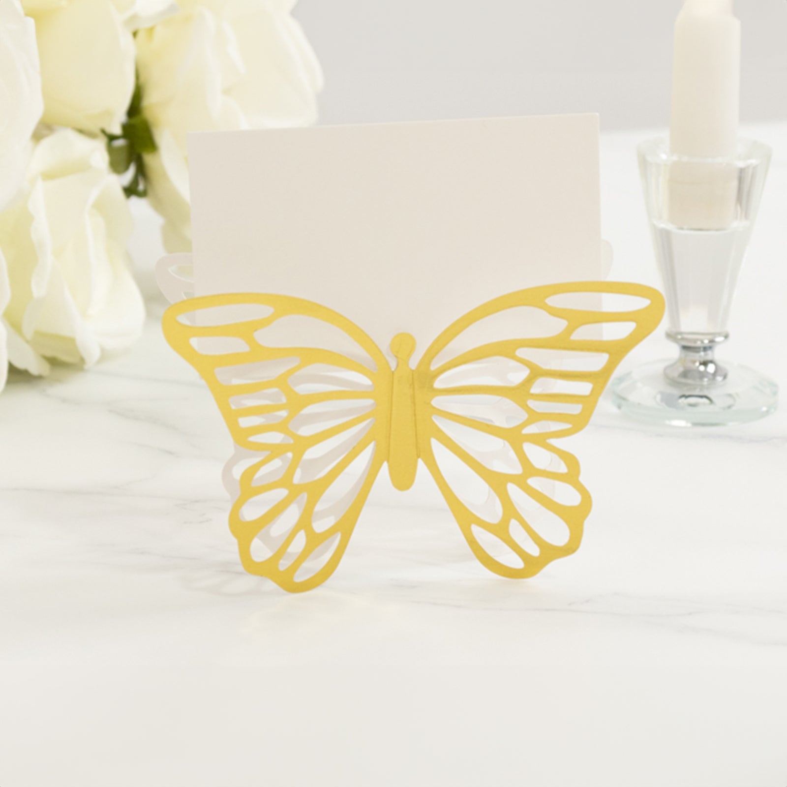 25 - Pack Paper Butterfly Place Card Holders Gold with White Printable Cards - 3D Free Standing Table Number Stands 3"x5" - Bell Racket Store