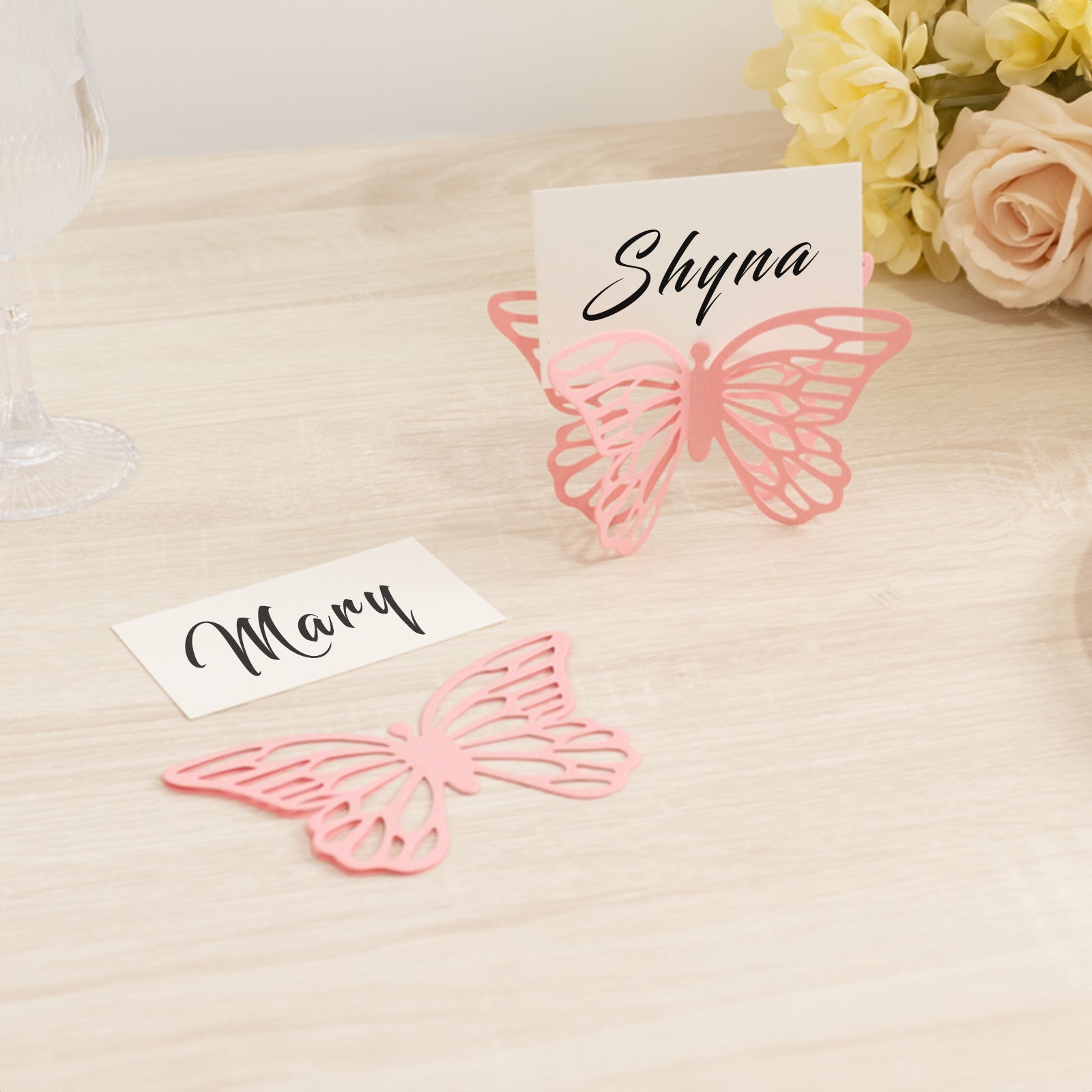 25 - Pack Paper Butterfly Place Card Holders Pink with White Printable Cards - 3D Free Standing Table Number Stands 3"x5" - Bell Racket Store