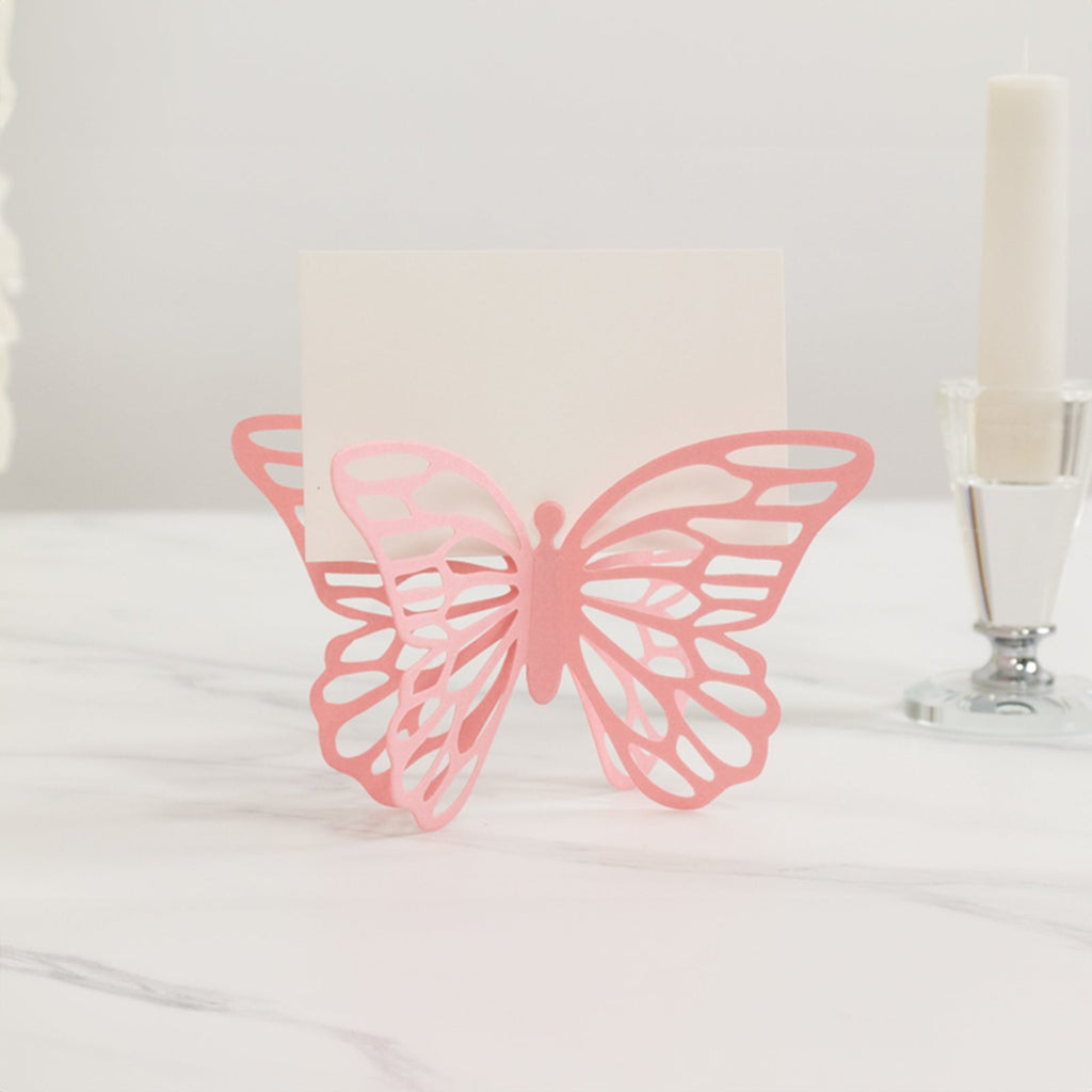 25 - Pack Paper Butterfly Place Card Holders Pink with White Printable Cards - 3D Free Standing Table Number Stands 3"x5" - Bell Racket Store