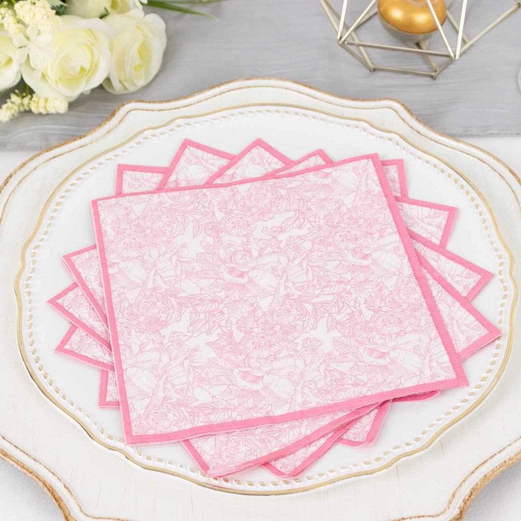 25 - Pack Paper Cocktail Napkins with French Toile Print White/Pink - Highly Absorbent 2 Ply Disposable Napkins 6.25"x6.25" - Bell Racket Store