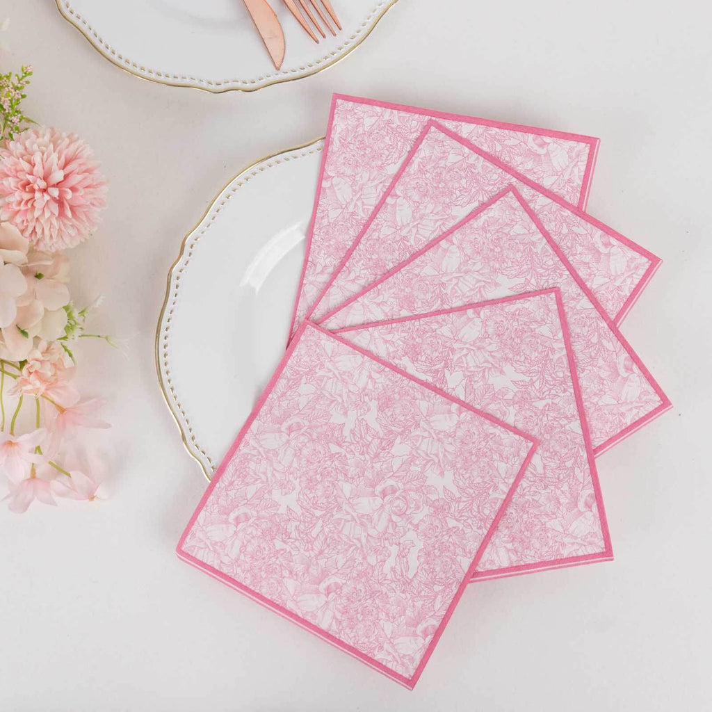 25 - Pack Paper Cocktail Napkins with French Toile Print White/Pink - Highly Absorbent 2 Ply Disposable Napkins 6.25"x6.25" - Bell Racket Store