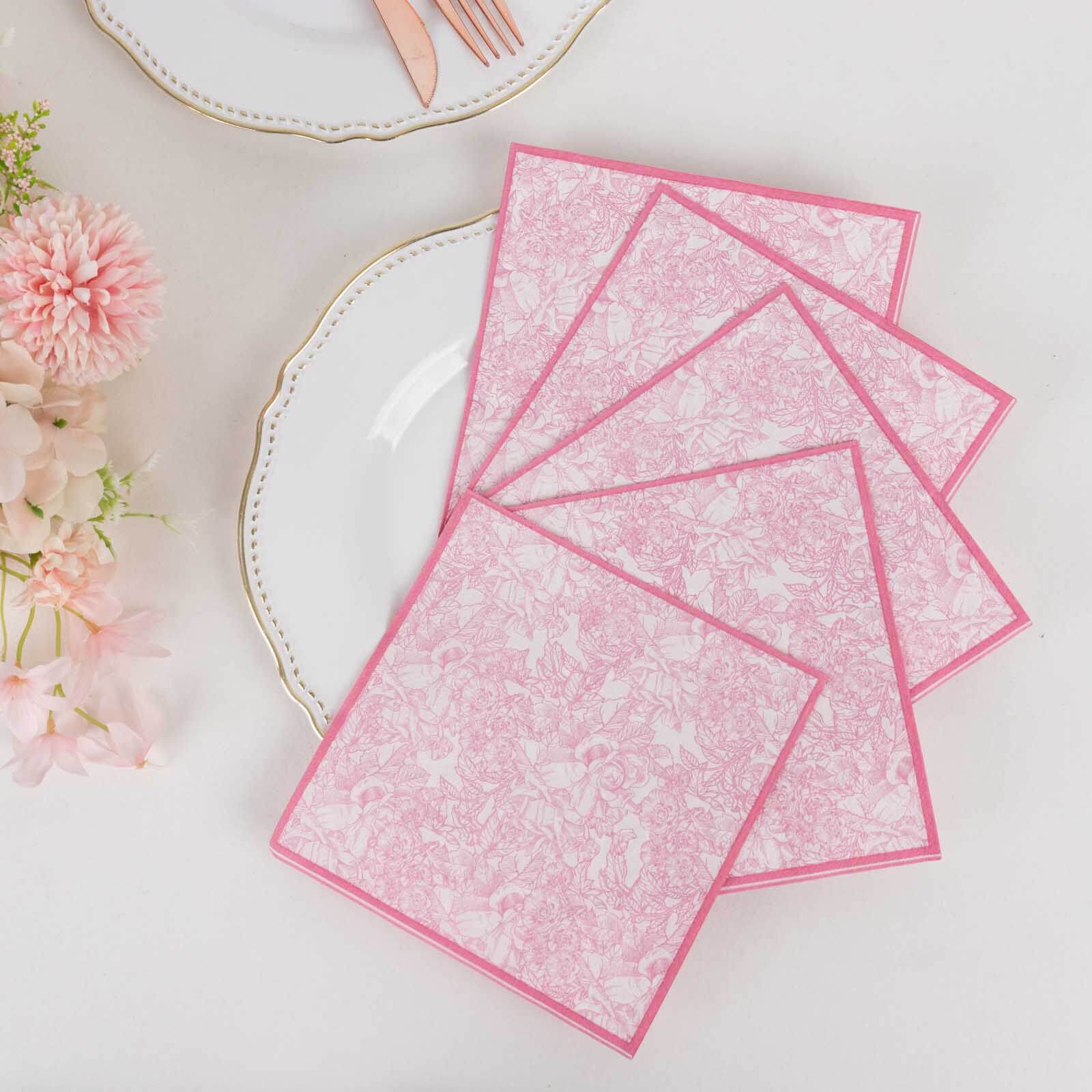 25 - Pack Paper Cocktail Napkins with French Toile Print White/Pink - Highly Absorbent 2 Ply Disposable Napkins 6.25"x6.25" - Bell Racket Store