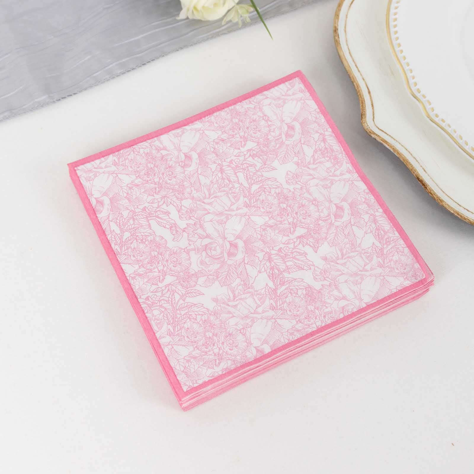 25 - Pack Paper Cocktail Napkins with French Toile Print White/Pink - Highly Absorbent 2 Ply Disposable Napkins 6.25"x6.25" - Bell Racket Store