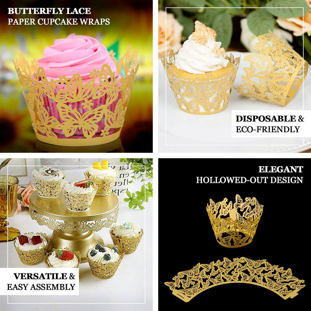 25 - Pack Paper Cupcake Liners Butterfly Lace Pattern Design Gold - Round Muffin Wrapper Cups 3" - Bell Racket Store