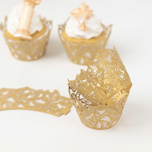 25 - Pack Paper Cupcake Liners Butterfly Lace Pattern Design Gold - Round Muffin Wrapper Cups 3" - Bell Racket Store
