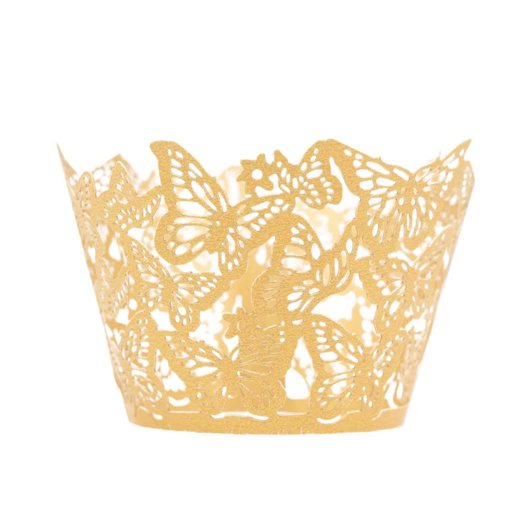 25 - Pack Paper Cupcake Liners Butterfly Lace Pattern Design Gold - Round Muffin Wrapper Cups 3" - Bell Racket Store