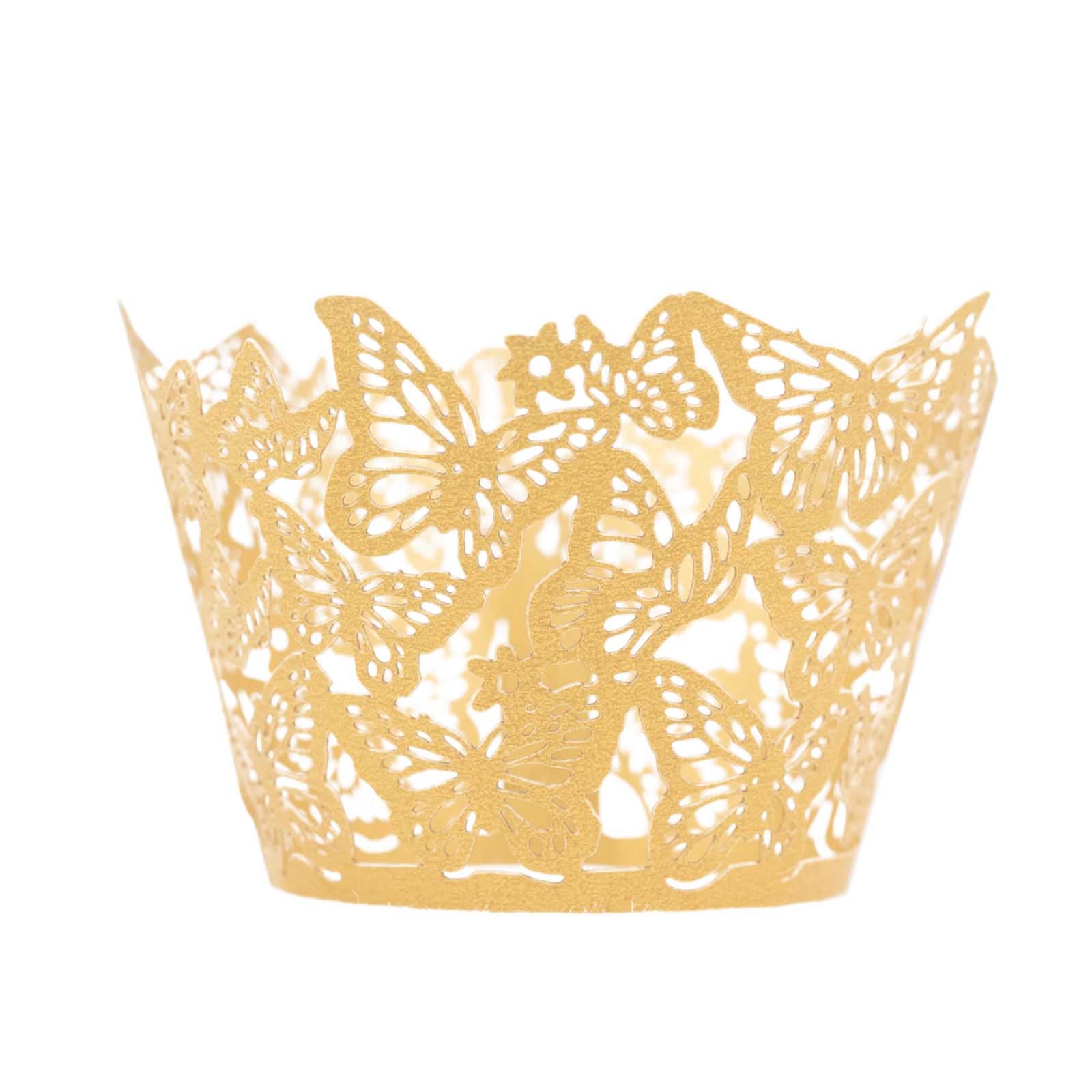 25 - Pack Paper Cupcake Liners Butterfly Lace Pattern Design Gold - Round Muffin Wrapper Cups 3" - Bell Racket Store