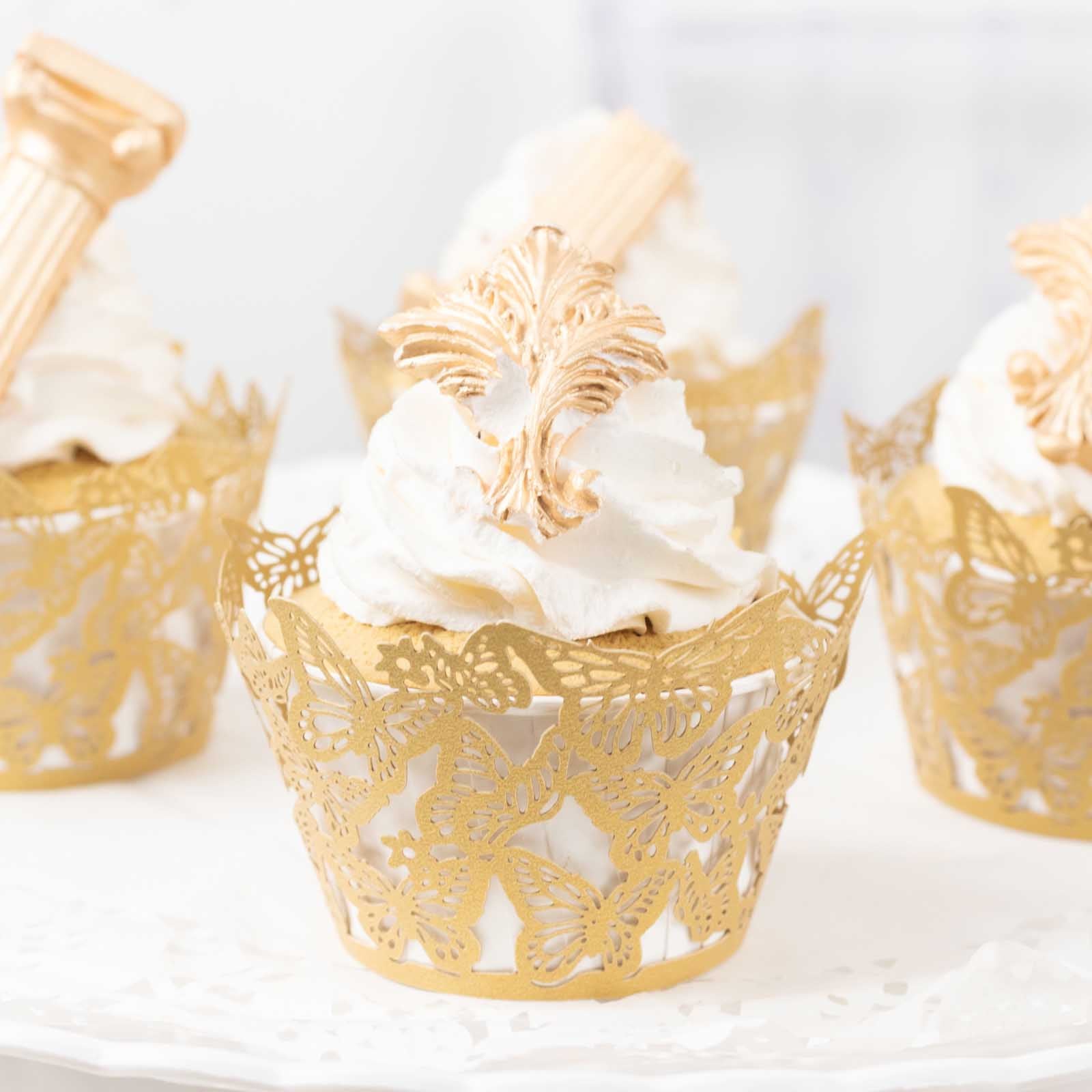 25 - Pack Paper Cupcake Liners Butterfly Lace Pattern Design Gold - Round Muffin Wrapper Cups 3" - Bell Racket Store