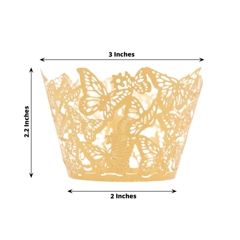 25 - Pack Paper Cupcake Liners Butterfly Lace Pattern Design Gold - Round Muffin Wrapper Cups 3" - Bell Racket Store