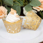 25 - Pack Paper Cupcake Liners Butterfly Lace Pattern Design Gold - Round Muffin Wrapper Cups 3" - Bell Racket Store