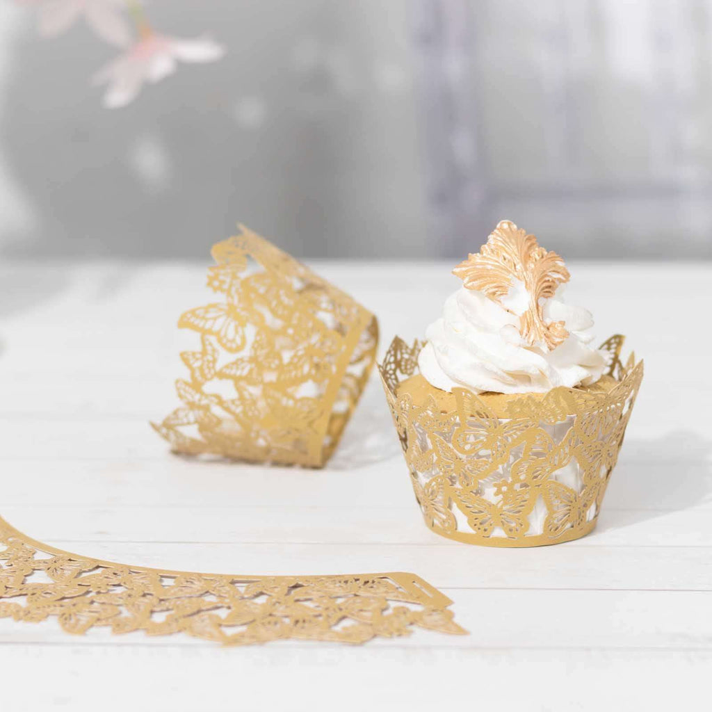 25 - Pack Paper Cupcake Liners Butterfly Lace Pattern Design Gold - Round Muffin Wrapper Cups 3" - Bell Racket Store