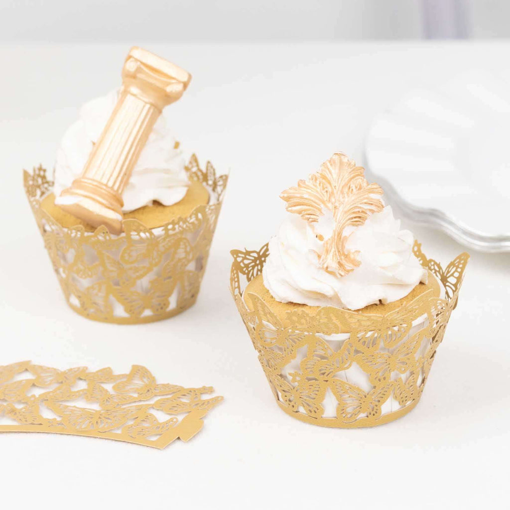 25 - Pack Paper Cupcake Liners Butterfly Lace Pattern Design Gold - Round Muffin Wrapper Cups 3" - Bell Racket Store