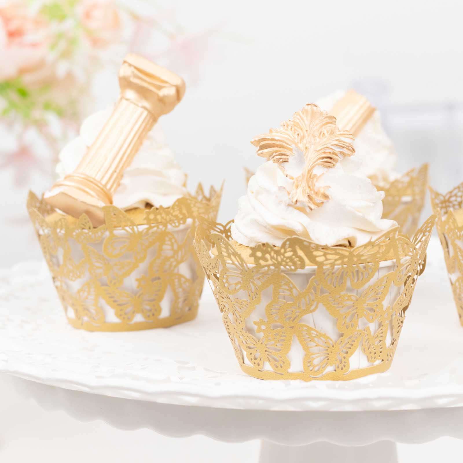 25 - Pack Paper Cupcake Liners Butterfly Lace Pattern Design Gold - Round Muffin Wrapper Cups 3" - Bell Racket Store