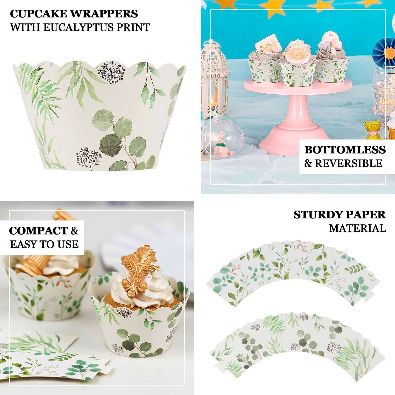 25 - Pack Paper Cupcake Wrappers Eucalyptus Leaves Print White Green - Round Muffin Truffle Cup Liners 3" - Bell Racket Store