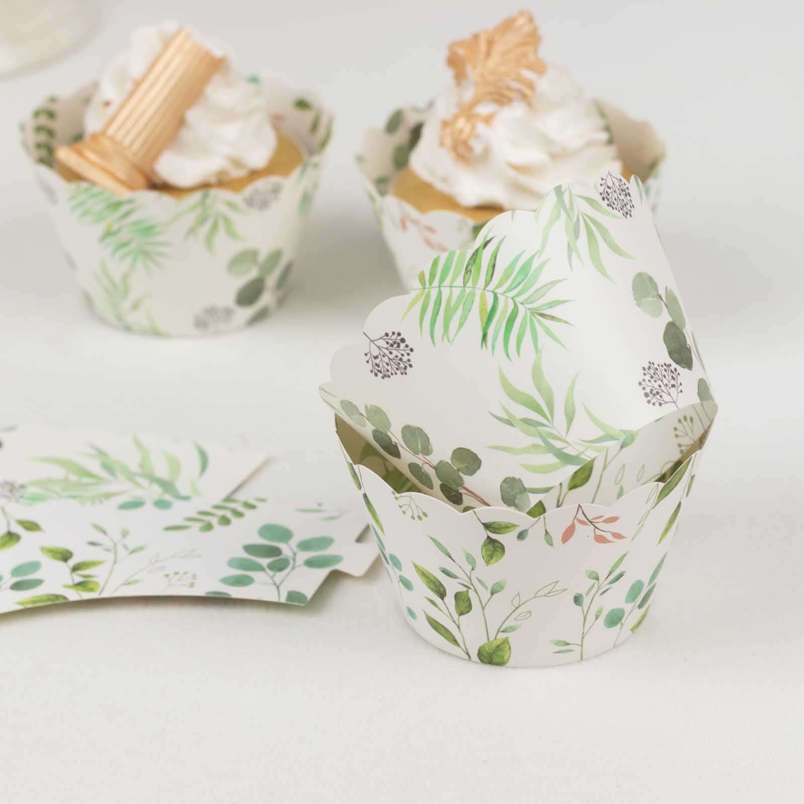 25 - Pack Paper Cupcake Wrappers Eucalyptus Leaves Print White Green - Round Muffin Truffle Cup Liners 3" - Bell Racket Store