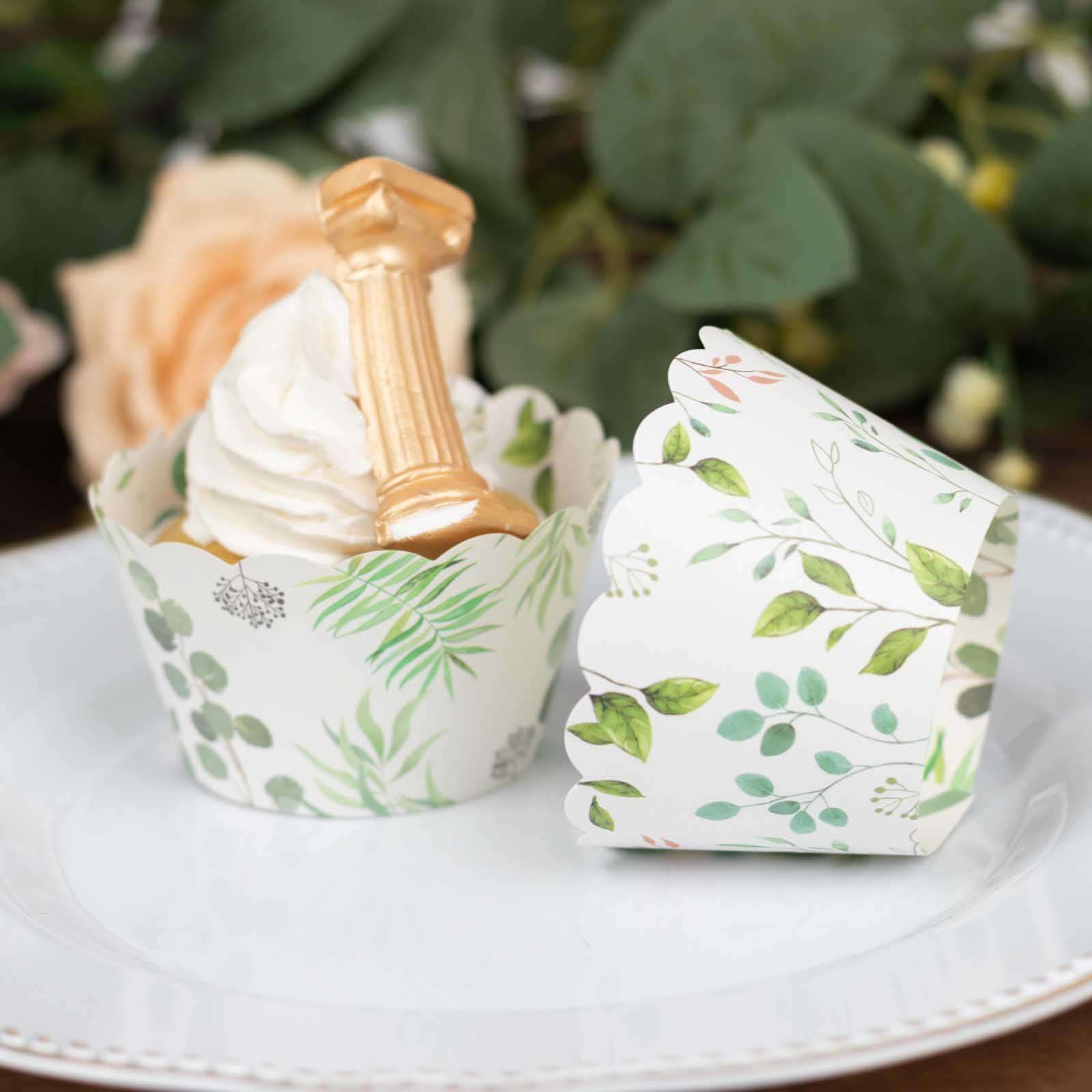 25 - Pack Paper Cupcake Wrappers Eucalyptus Leaves Print White Green - Round Muffin Truffle Cup Liners 3" - Bell Racket Store