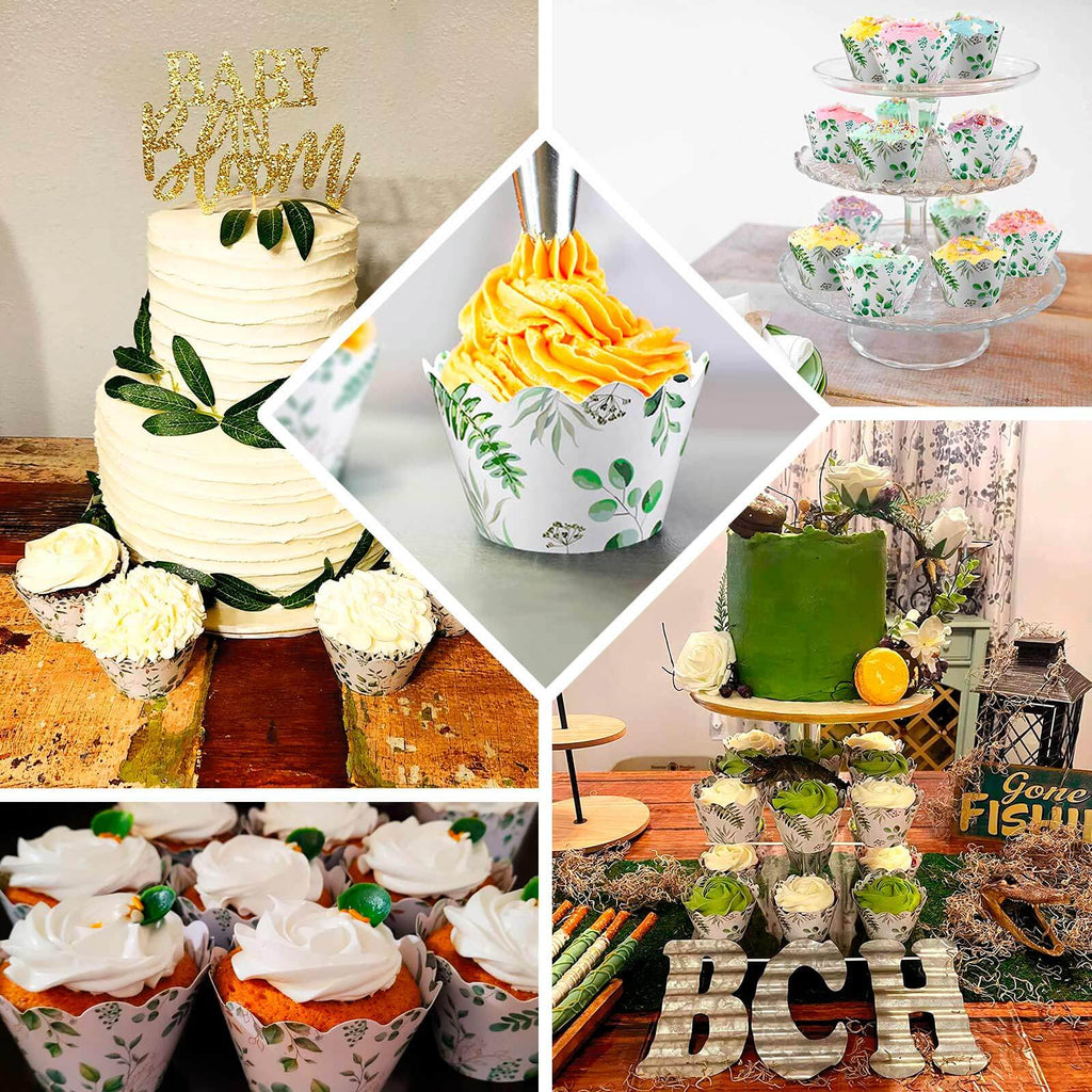 25 - Pack Paper Cupcake Wrappers Eucalyptus Leaves Print White Green - Round Muffin Truffle Cup Liners 3" - Bell Racket Store