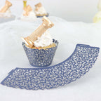 25 - Pack Paper Cupcake Wrappers Lace Laser Cut Design Navy Blue - Muffin Baking Cup Trays for Events - Bell Racket Store