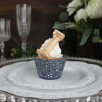 25 - Pack Paper Cupcake Wrappers Lace Laser Cut Design Navy Blue - Muffin Baking Cup Trays for Events - Bell Racket Store