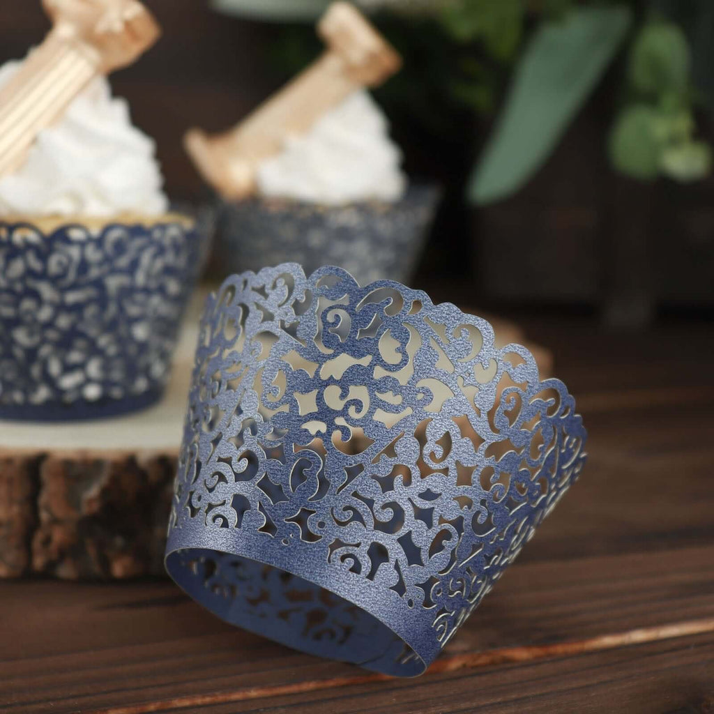 25 - Pack Paper Cupcake Wrappers Lace Laser Cut Design Navy Blue - Muffin Baking Cup Trays for Events - Bell Racket Store