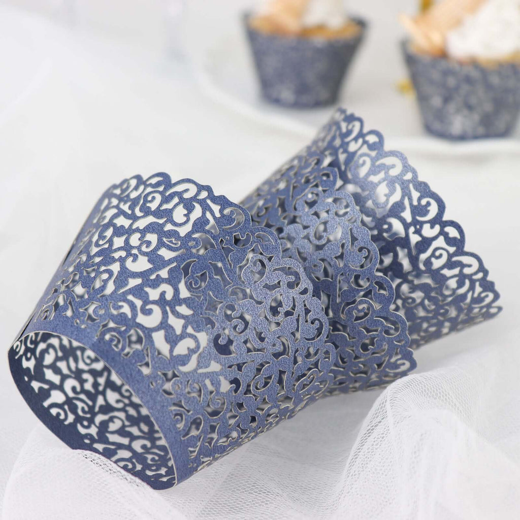 25 - Pack Paper Cupcake Wrappers Lace Laser Cut Design Navy Blue - Muffin Baking Cup Trays for Events - Bell Racket Store