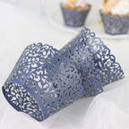 25 - Pack Paper Cupcake Wrappers Lace Laser Cut Design Navy Blue - Muffin Baking Cup Trays for Events - Bell Racket Store