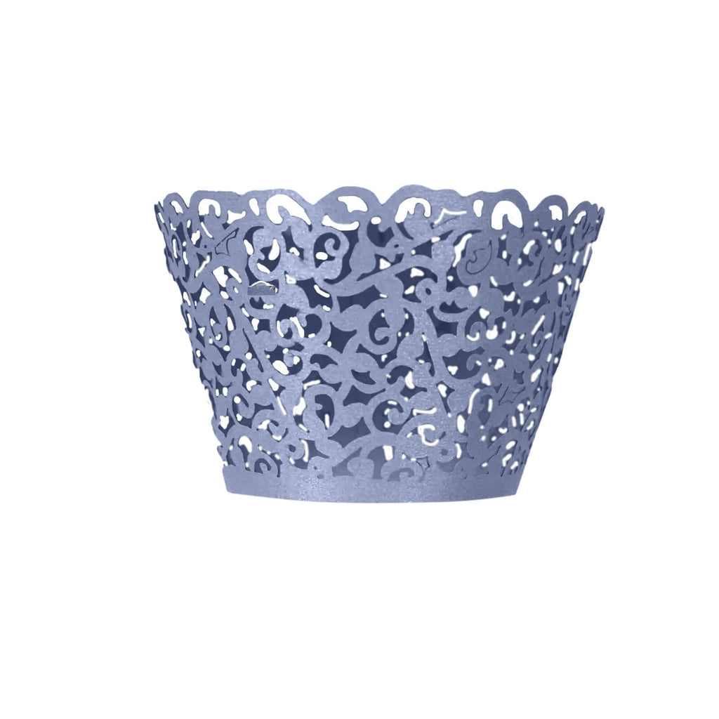 25 - Pack Paper Cupcake Wrappers Lace Laser Cut Design Navy Blue - Muffin Baking Cup Trays for Events - Bell Racket Store