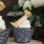 25 - Pack Paper Cupcake Wrappers Lace Laser Cut Design Navy Blue - Muffin Baking Cup Trays for Events - Bell Racket Store