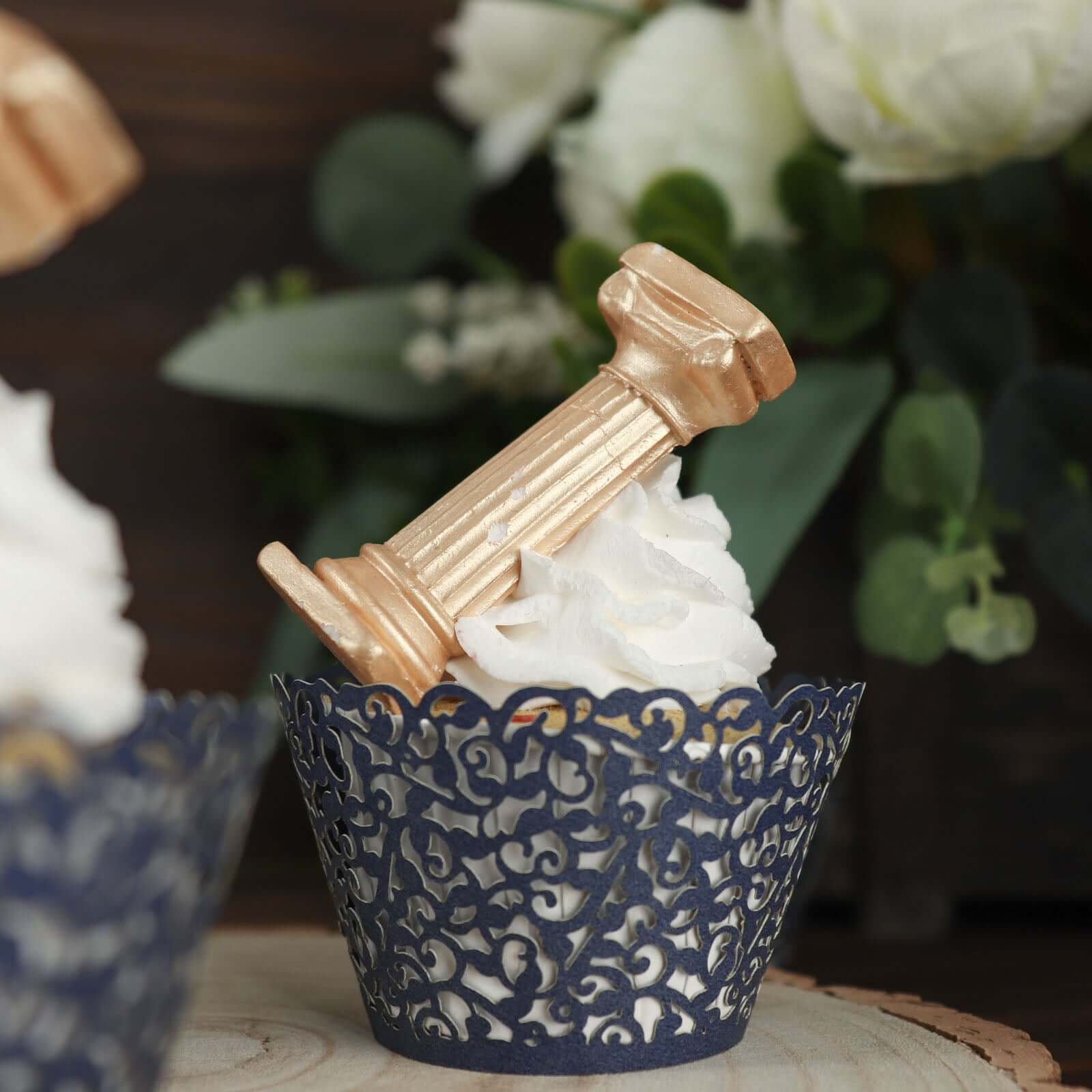 25 - Pack Paper Cupcake Wrappers Lace Laser Cut Design Navy Blue - Muffin Baking Cup Trays for Events - Bell Racket Store