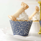 25 - Pack Paper Cupcake Wrappers Lace Laser Cut Design Navy Blue - Muffin Baking Cup Trays for Events - Bell Racket Store