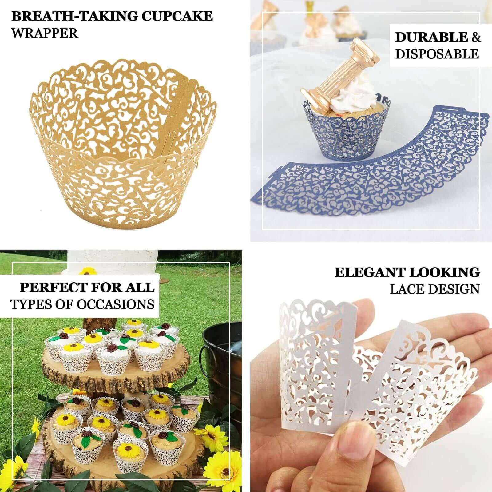 25 - Pack Paper Cupcake Wrappers Lace Laser Cut Design Navy Blue - Muffin Baking Cup Trays for Events - Bell Racket Store