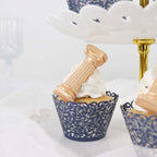 25 - Pack Paper Cupcake Wrappers Lace Laser Cut Design Navy Blue - Muffin Baking Cup Trays for Events - Bell Racket Store