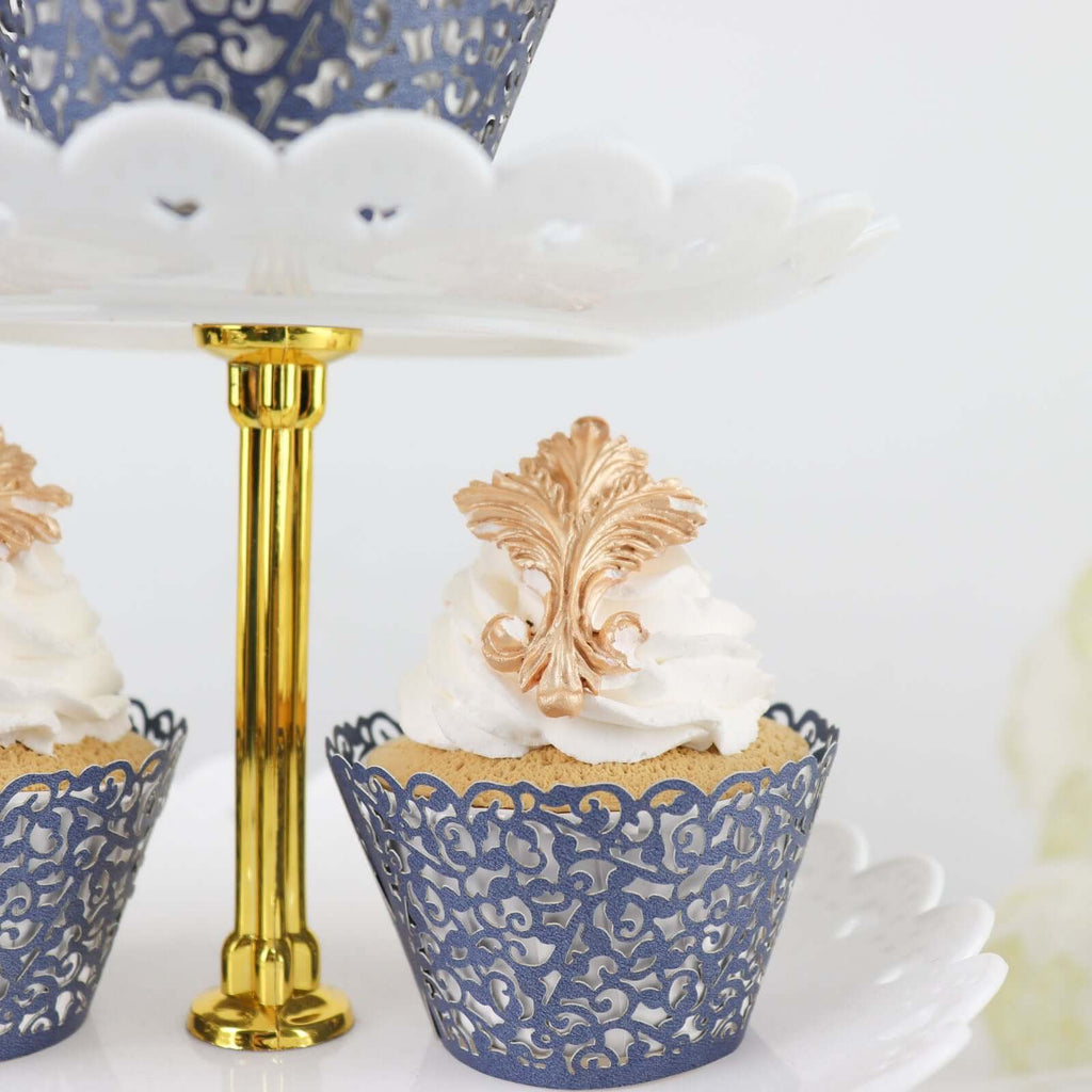 25 - Pack Paper Cupcake Wrappers Lace Laser Cut Design Navy Blue - Muffin Baking Cup Trays for Events - Bell Racket Store