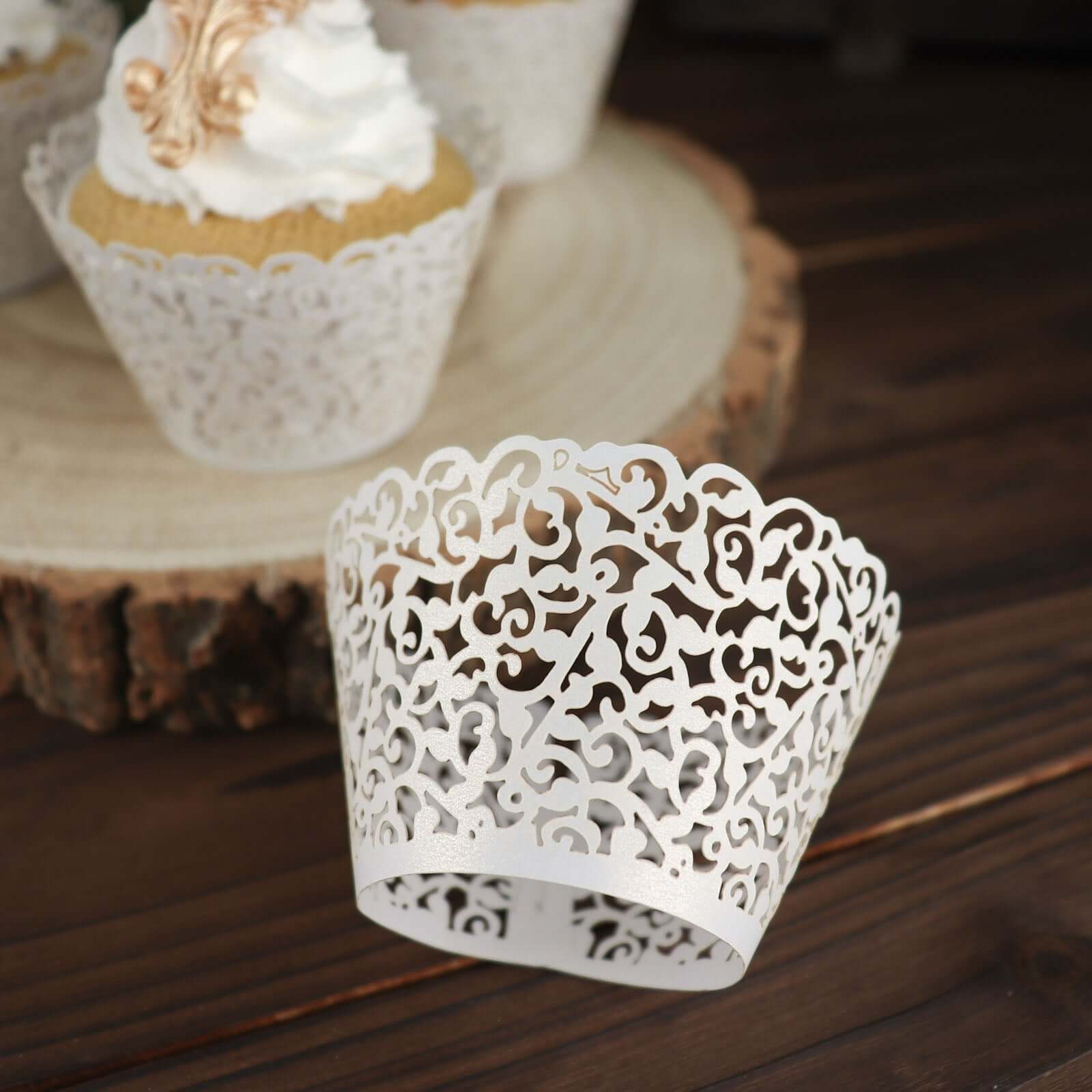 25 - Pack Paper Cupcake Wrappers Lace Laser Cut Design White - Muffin Baking Cup Trays for Events - Bell Racket Store