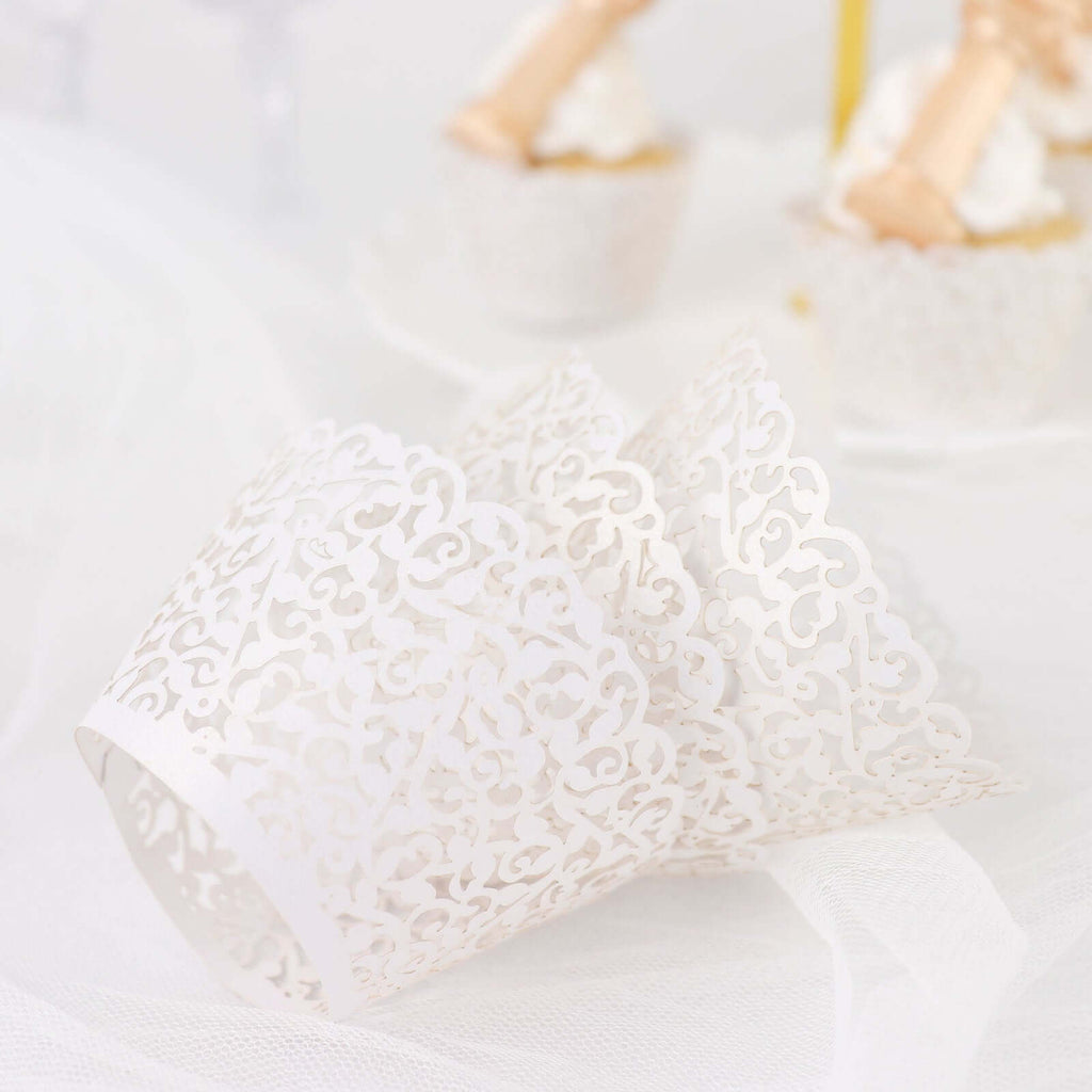 25 - Pack Paper Cupcake Wrappers Lace Laser Cut Design White - Muffin Baking Cup Trays for Events - Bell Racket Store