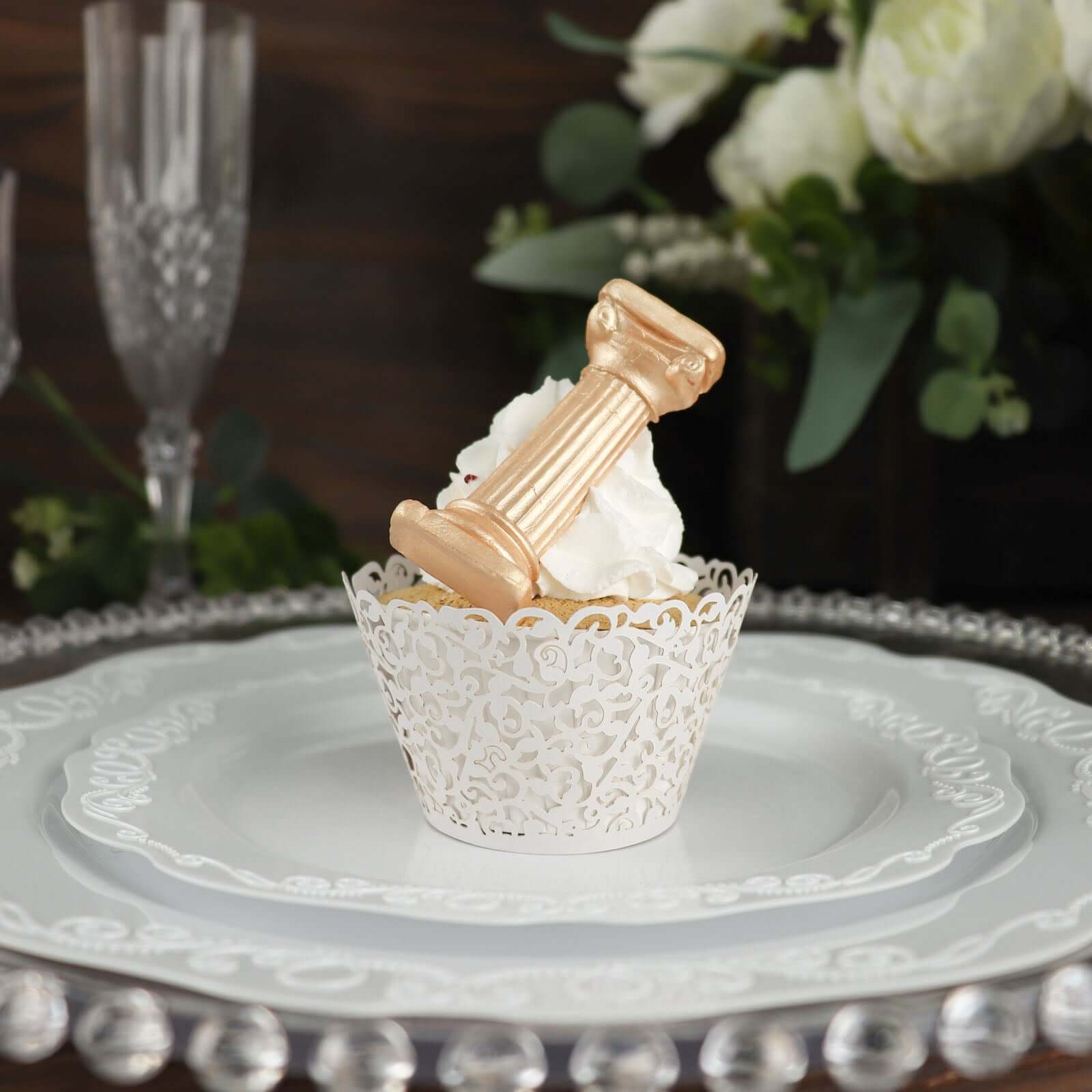 25 - Pack Paper Cupcake Wrappers Lace Laser Cut Design White - Muffin Baking Cup Trays for Events - Bell Racket Store