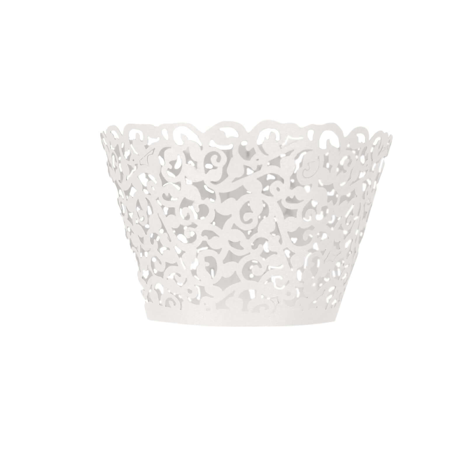 25 - Pack Paper Cupcake Wrappers Lace Laser Cut Design White - Muffin Baking Cup Trays for Events - Bell Racket Store