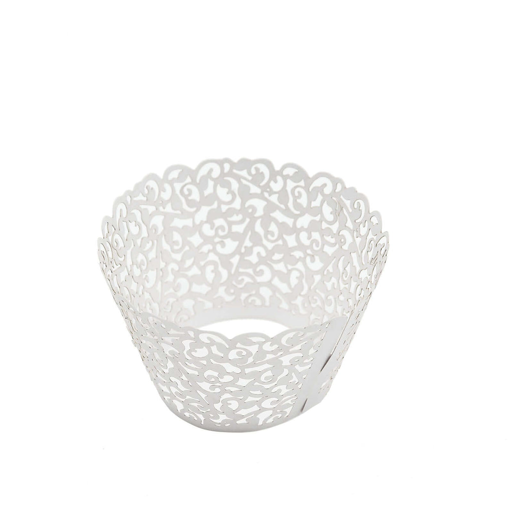 25 - Pack Paper Cupcake Wrappers Lace Laser Cut Design White - Muffin Baking Cup Trays for Events - Bell Racket Store