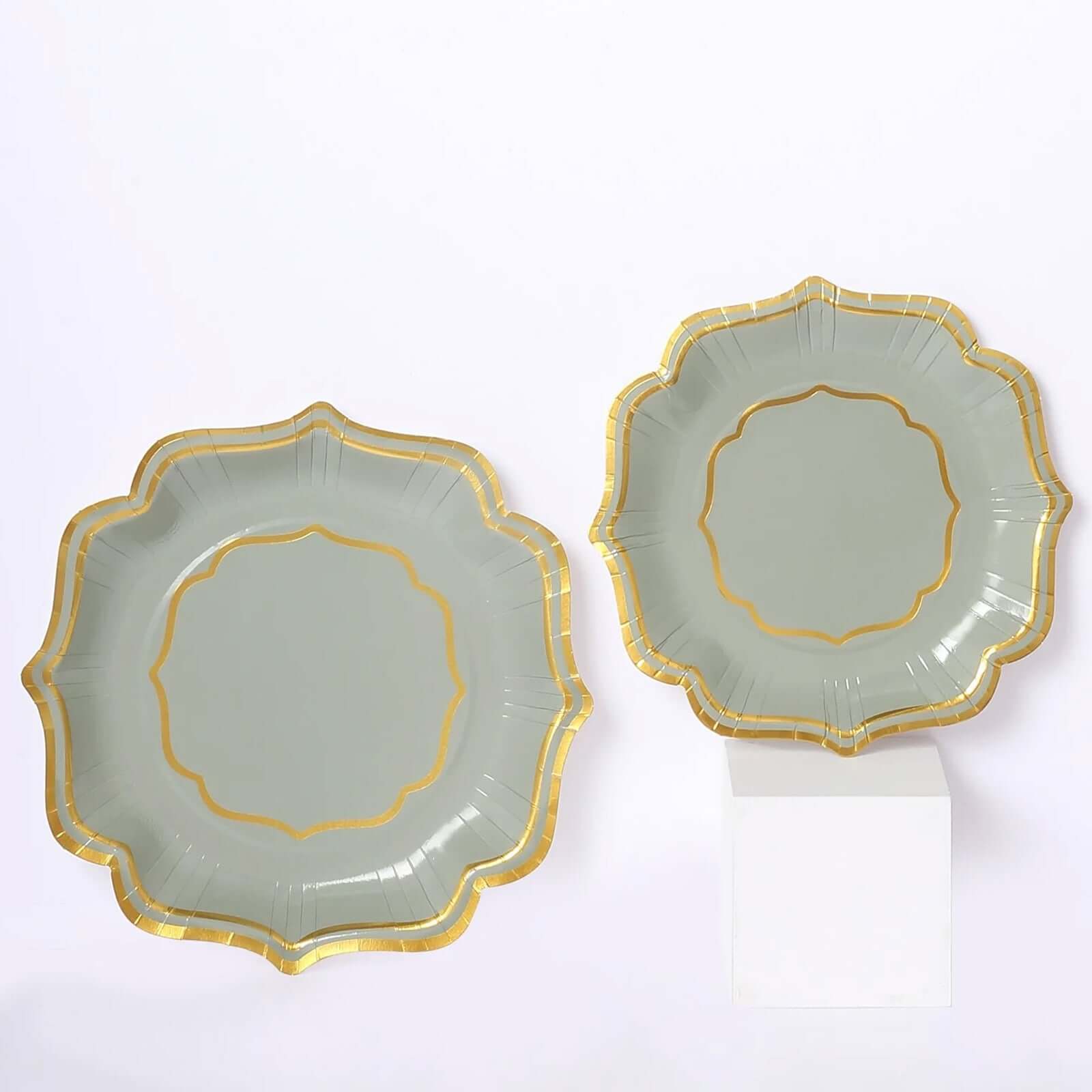 25 - Pack Paper Dessert Plates in Sage Green with Gold Scallop Rim - Disposable 300GSM Appetizer Salad Plates 8" - Bell Racket Store
